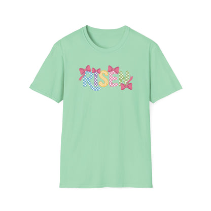 Risen Easter Shirt, Christian Easter Bunny Bow Tee, Faith Based Easter Shirt, Pastel Coquette Spring Graphic T-Shirt, Religious Easter Outfit for Women