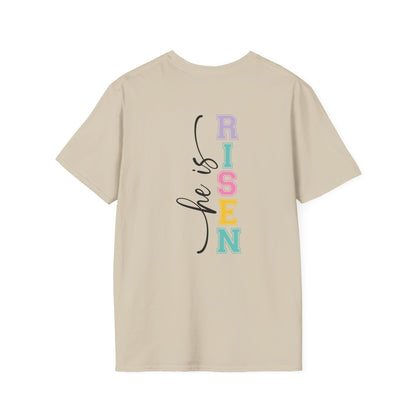He Is Risen Christian Easter T-Shirt – Faith Based Front & Back Graphic Tee, Religious Resurrection Shirt, Pastel Easter Church Outfit for Women