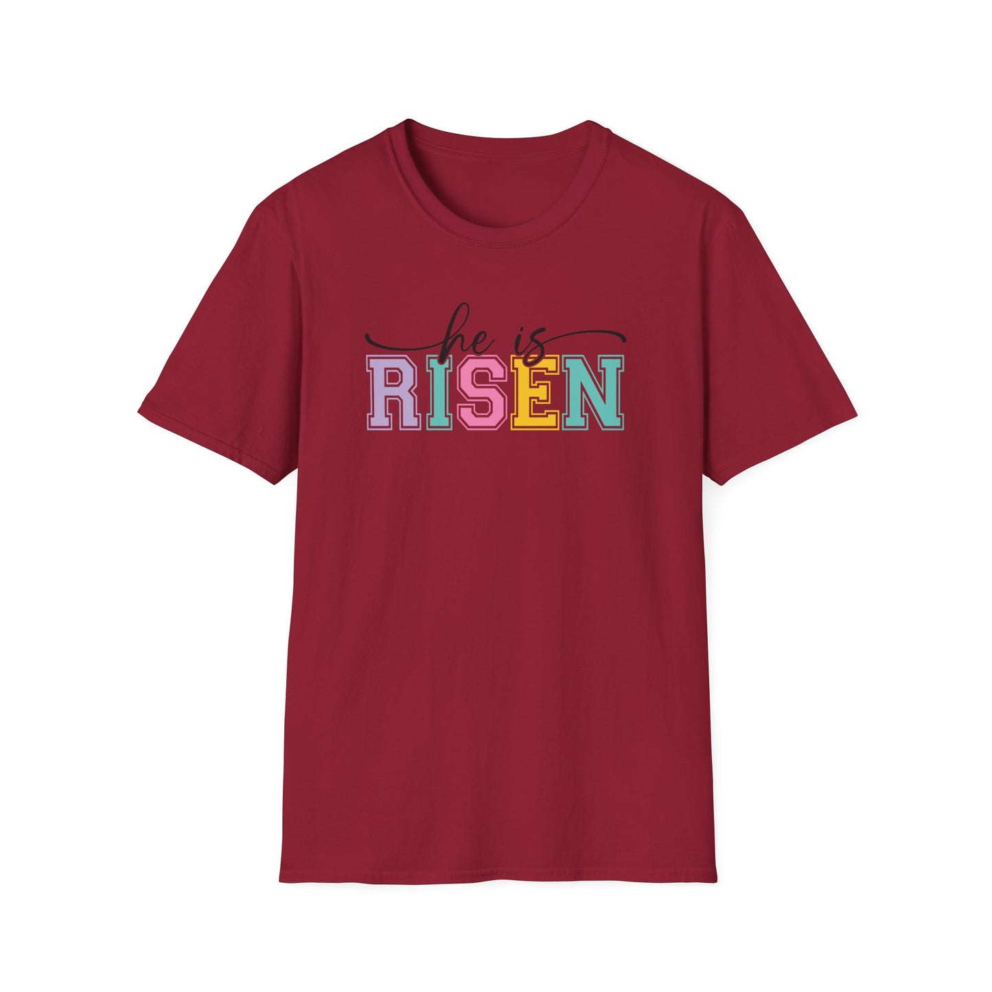 He Is Risen Christian Easter T-Shirt – Faith Based Front & Back Graphic Tee, Religious Resurrection Shirt, Pastel Easter Church Outfit for Women