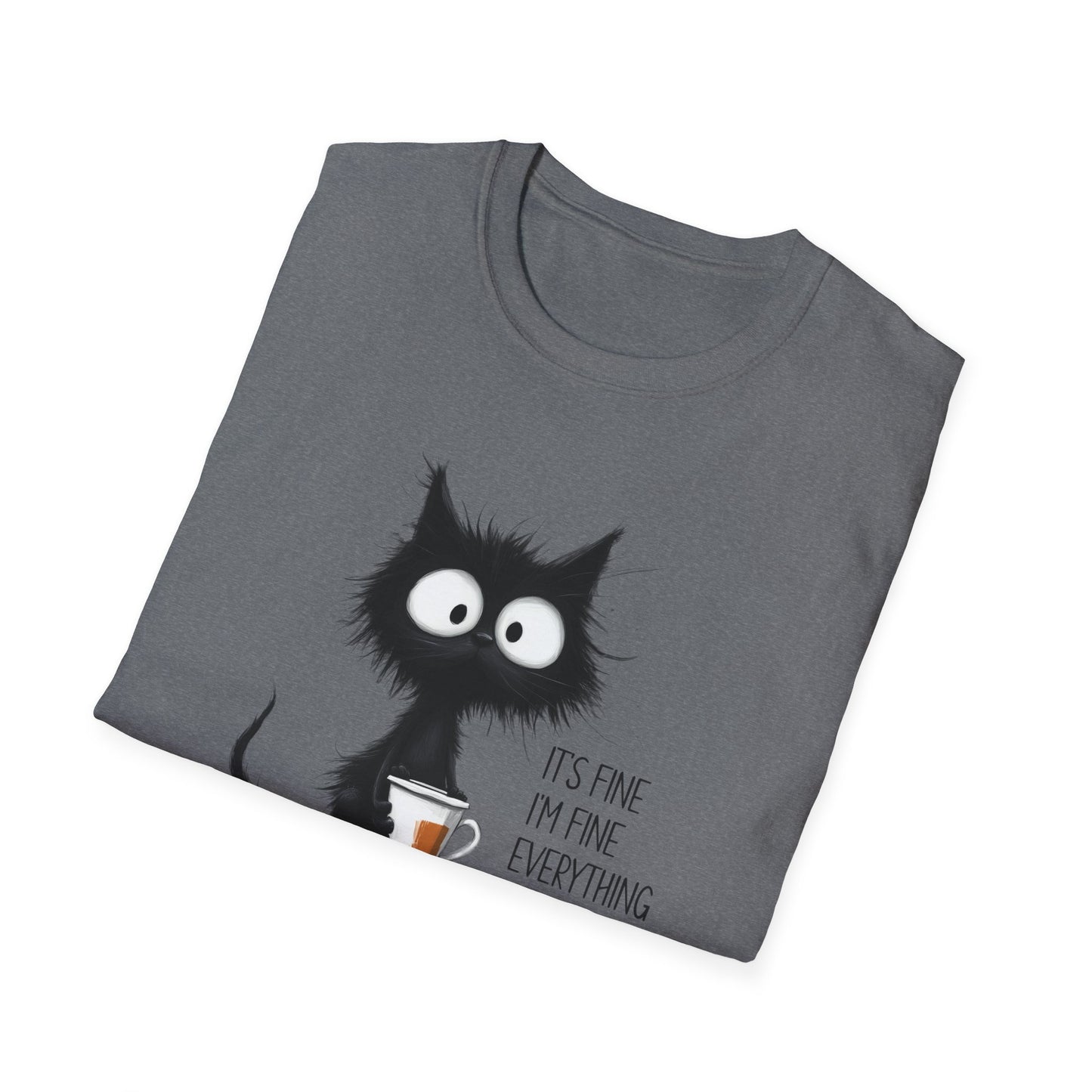 It’s Fine I’m Fine Everything Is Fine Cat Shirt – Funny Black Cat Coffee T-Shirt, Anxious Cat Graphic Tee, Relatable Humor Gift