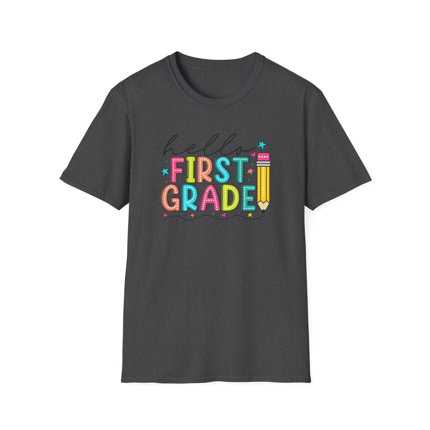 Hello First Grade Pencil T-Shirt — Colorful Back-to-School Cute School Spirit Tee