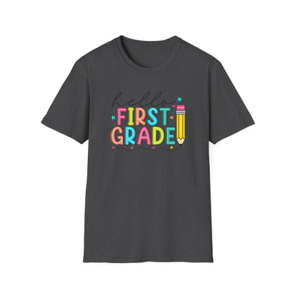 Hello First Grade Pencil T-Shirt — Colorful Back-to-School Cute School Spirit Tee