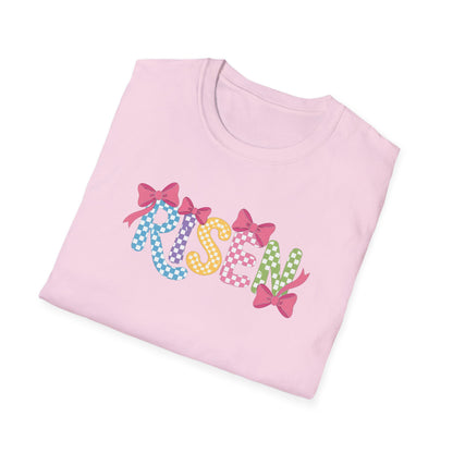 Risen Easter Shirt, Christian Easter Bunny Bow Tee, Faith Based Easter Shirt, Pastel Coquette Spring Graphic T-Shirt, Religious Easter Outfit for Women