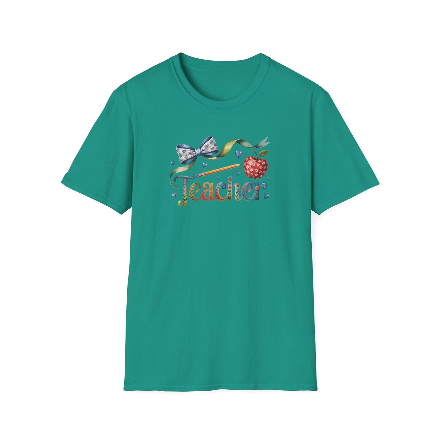 Teacher Floral Bow T-Shirt — Cute Apple & Script Teacher Shirt for Educators