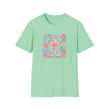 He Is Risen Easter Shirt – Christian Floral Cross Tee, Religious Easter Shirt for Women, Faith Based Spring Christian T-Shirt