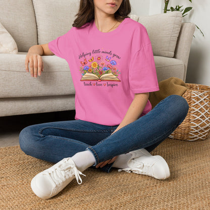 Helping Little Minds Grow Teacher Shirt | Teach Love Inspire Floral Book Tee