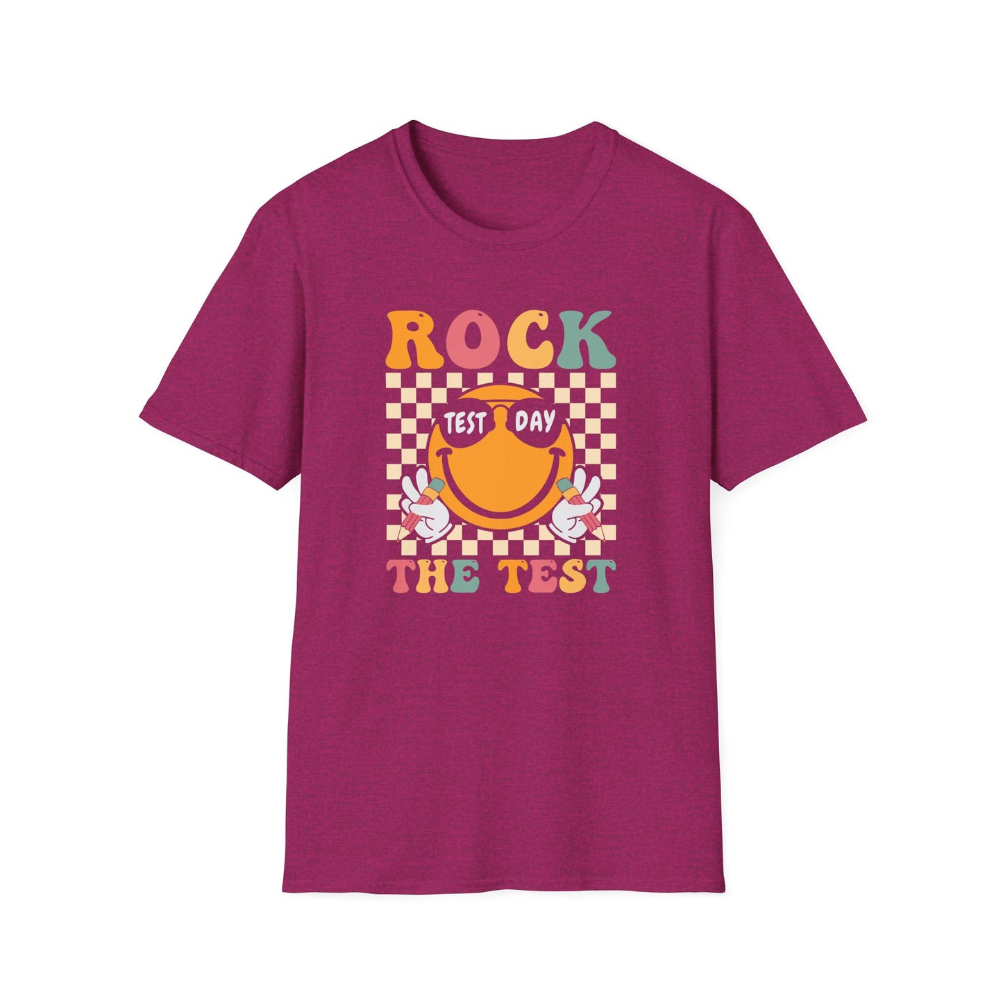 Rock The Test T-Shirt — Retro Smiley Motivation Tee for Students & Teachers