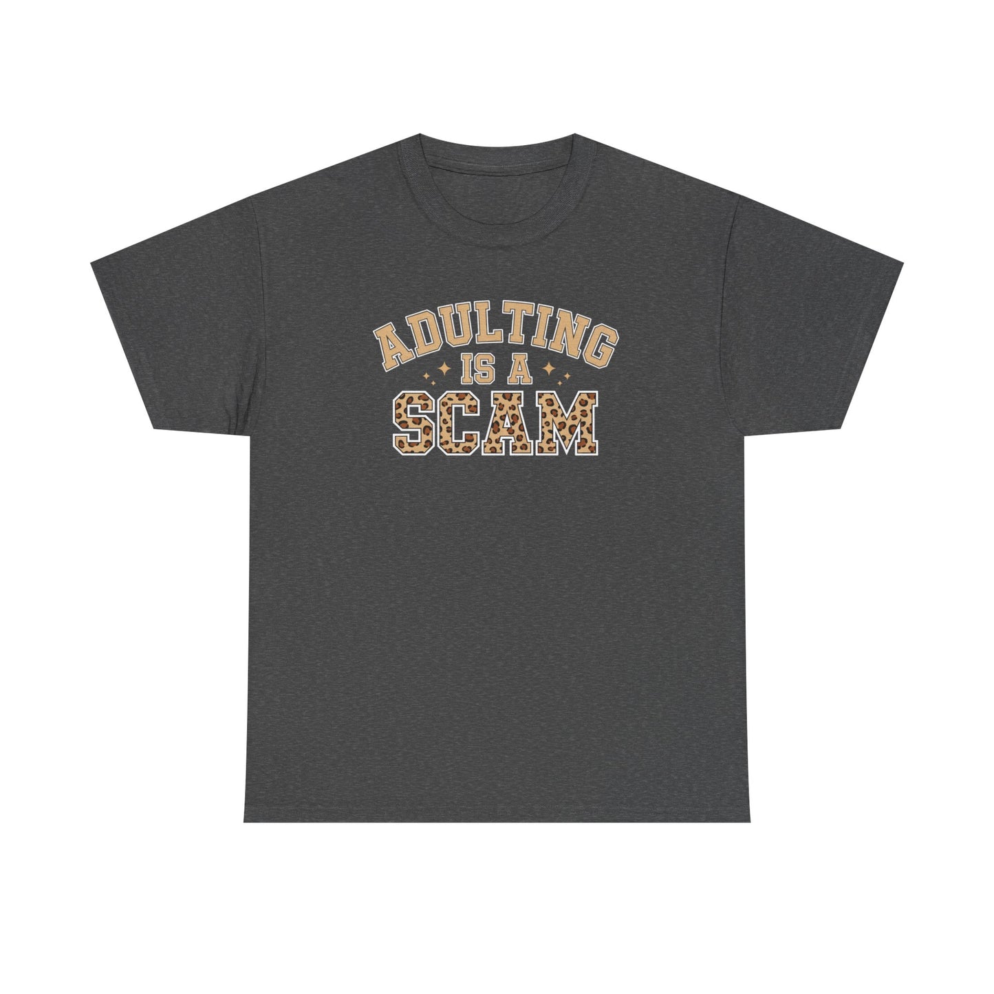 Adulting Is a Scam T-Shirt — Funny Retro Leopard Print Graphic Tee - Sarcastic Humor Shirt, Trendy Casual Tee
