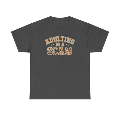 Adulting Is a Scam T-Shirt — Funny Retro Leopard Print Graphic Tee - Sarcastic Humor Shirt, Trendy Casual Tee