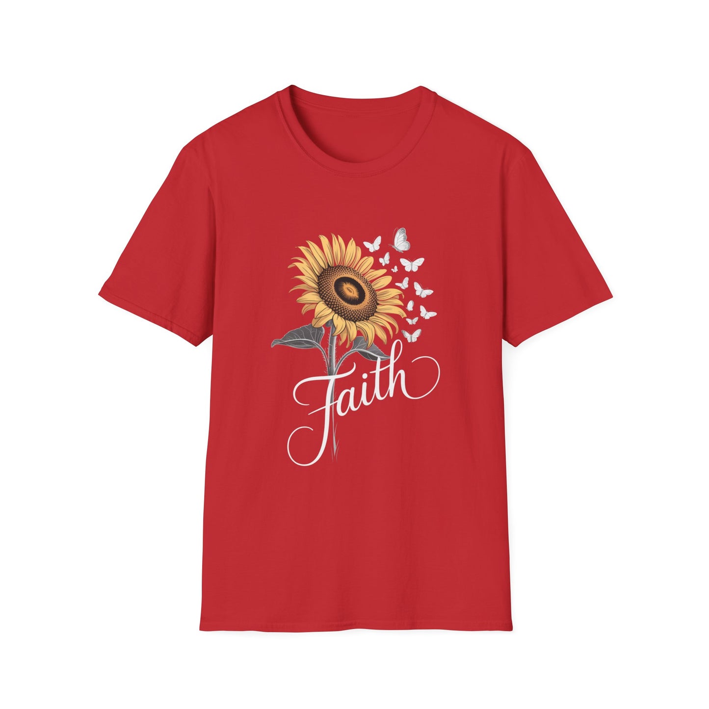 Faith Sunflower T-Shirt — Inspirational Floral Tee with Butterflies