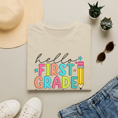 Hello First Grade Pencil T-Shirt — Colorful Back-to-School Cute School Spirit Tee