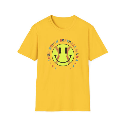Loud Mouth Softball Mama Shirt – Retro Smiley Softball Graphic Tee, Funny Softball Mom Shirt, Vintage Game Day Apparel